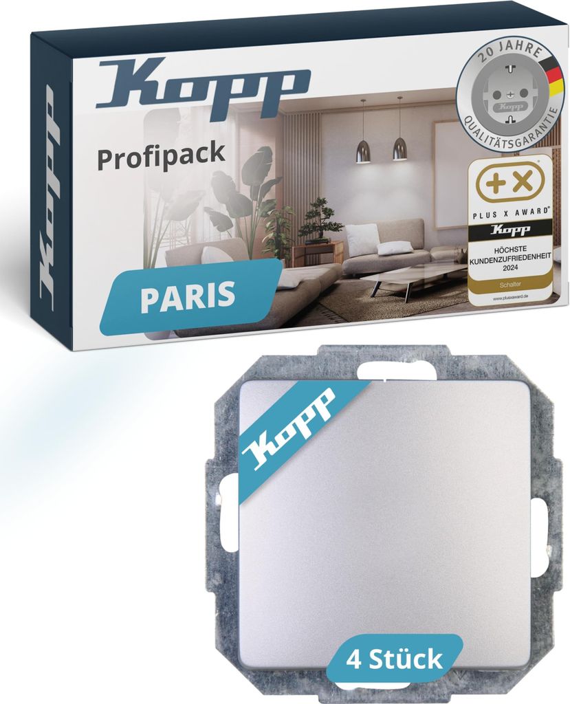 Kopp PARIS Universalschalter in Silber - 4 Stück - Lichtschalter-Unterputz mit 10AX Schaltvermögen - Hochwertiger IP20 Schalter mit Steckklemmen ...