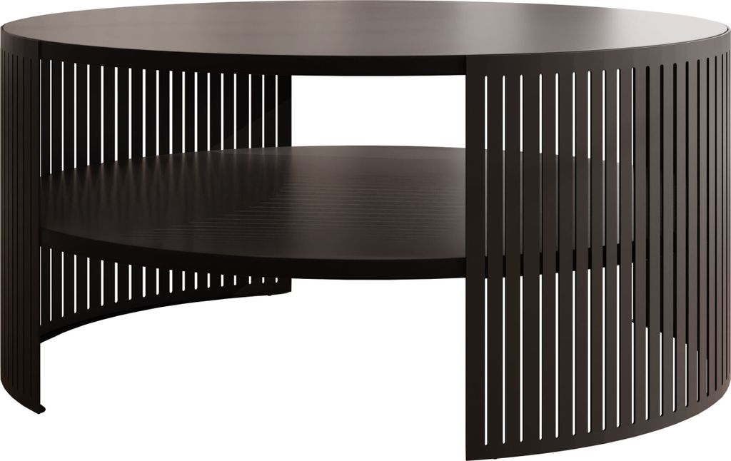 A dark, round coffee table with a slatted base and a lower shelf, shown against a white background.