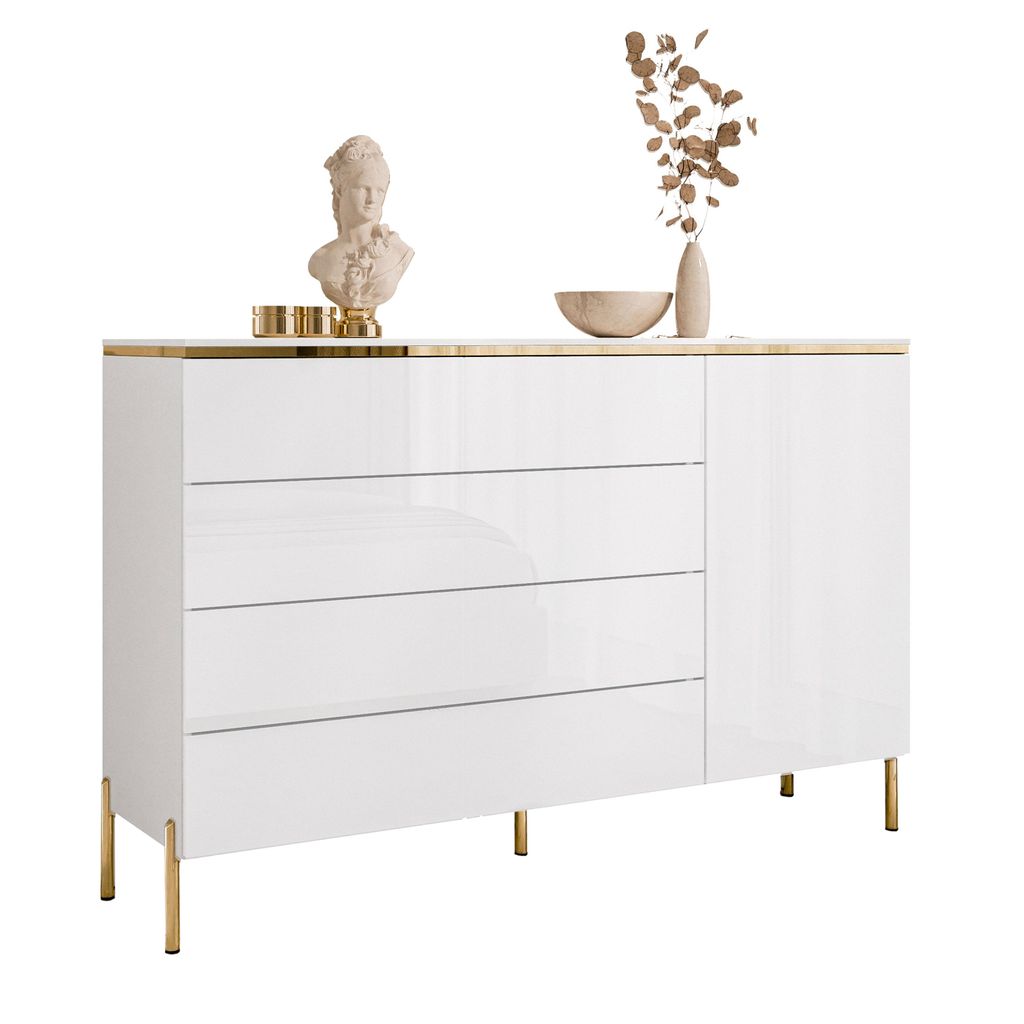 Kommode AURORA mit Schubladen weiß glänzend auf Beinen mit Produktbild 