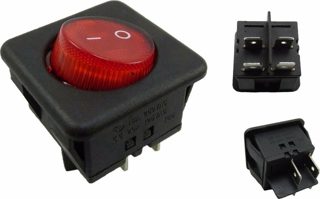 Wippschalter rot, 4 pin 16A 250 24.5*25.5mm beleuchtet, Geräteschalter