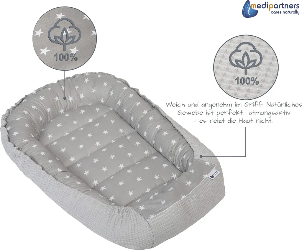 Lit de voyage bébé 100x60cm en coton gaufré gris et imprimé étoiles