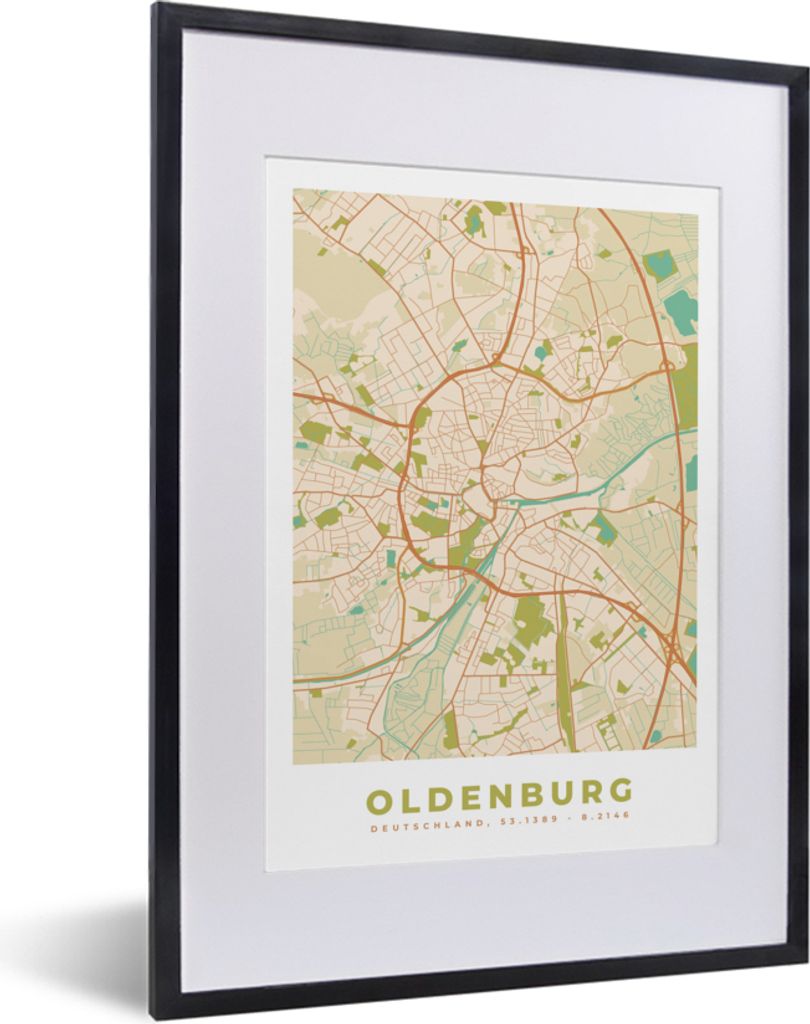 MuchoWow Gerahmtes Poster Karte - Oldenburg - Vintage - Stadtplan 30x40 cm - Poster mit Schwarzem Bilderrahmen Wandposter Rahmen Foto Bilder - Wa...