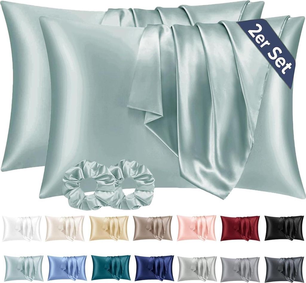 2er Set Satin Kissenbezug Grün 40x80 mit Haargummis Produktbild 