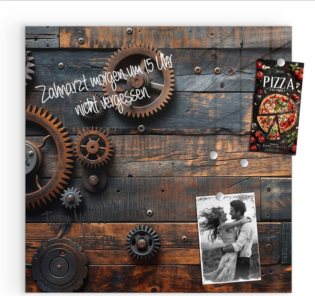 Magnettafel 30x30cm Pinnwand Whiteboard beschreibbar - Holz und Zahnräder