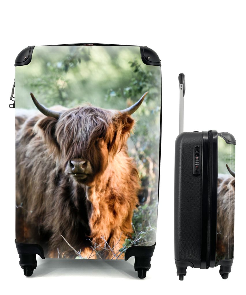 MuchoWow Koffer Handgepäck Trolley Rollkoffer Kleine Reisekoffer mit 4 Rollen - Schottische Highlander - Wald - Tiere - Cabin Size < 55x40x23 cm...