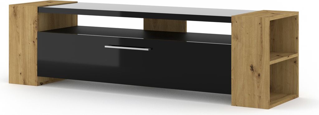 Lowboard TV-Schrank Livia 160 cm Kommode TV Tisch Sideboard Hi-Fi Regale Artisan Eiche Schwarz Glanz