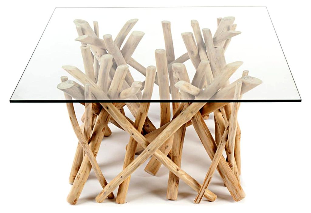 Couchtisch aus Teakholz Driftwood mit Glasplatte eckig