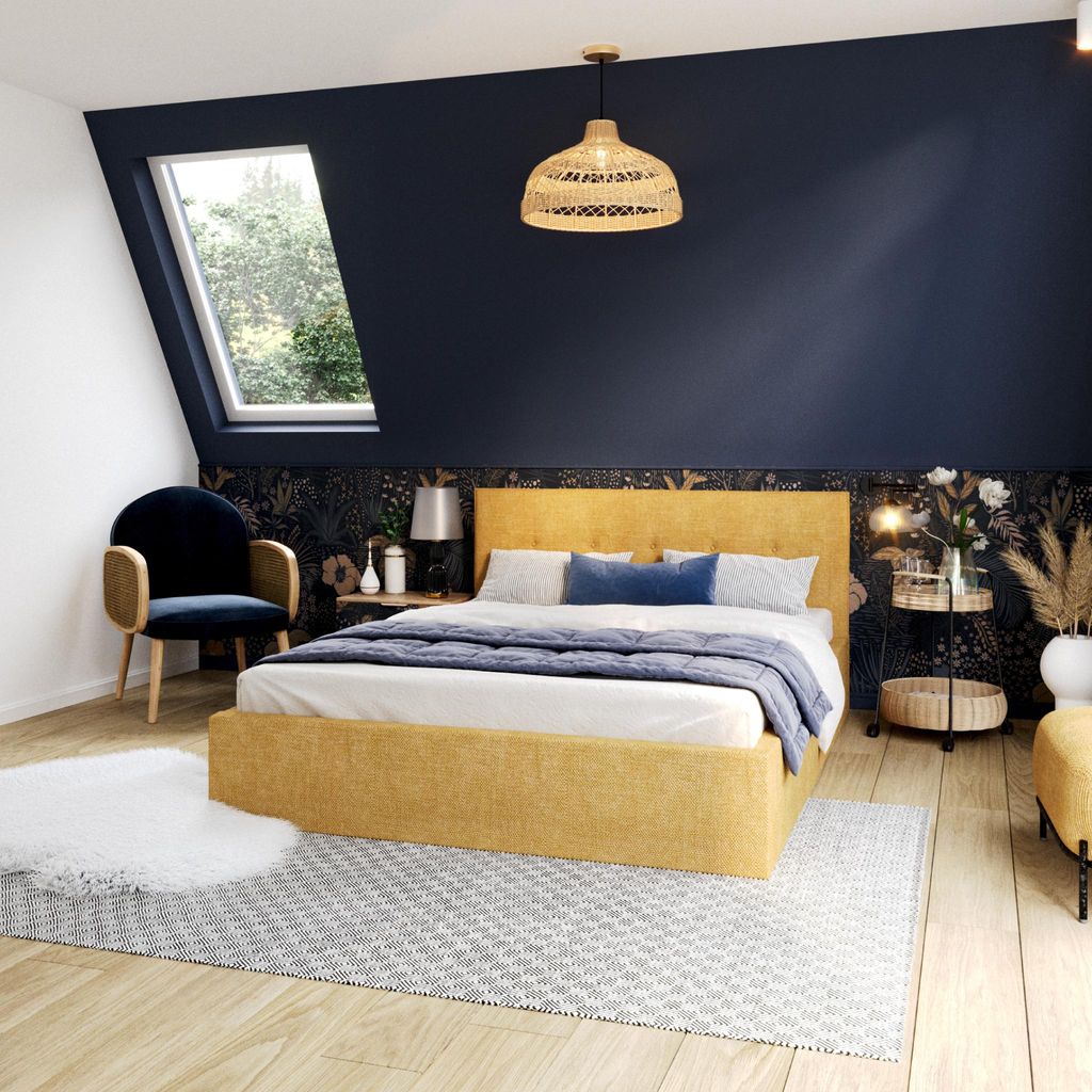 FDM Bett BOHO Ottawa 180x200 cm Polsterbett mit Lattenrost aus Metall Bettkasten Stauraumbett honiggelb