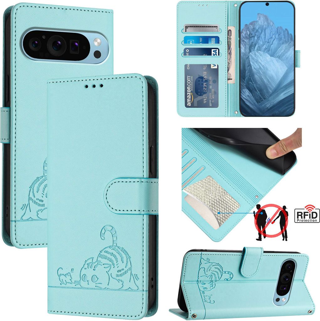 Leder Hülle für Google Pixel 10 Pro XL Süße Katze Flip Case Brieftasche Schutzhülle mit Standfunktion Schwarz