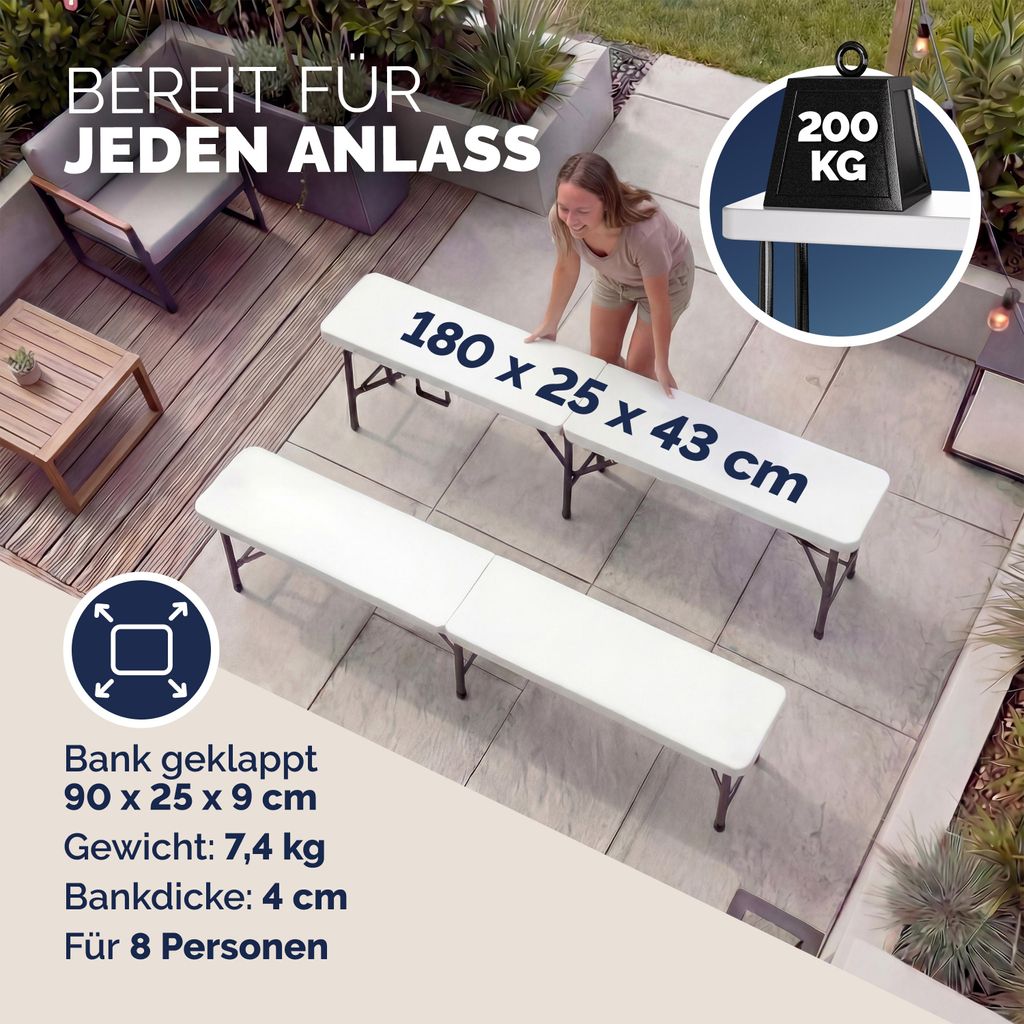 CASARIA Bierbank 2er Set klappbar 180 cm, Kunststoff, 8