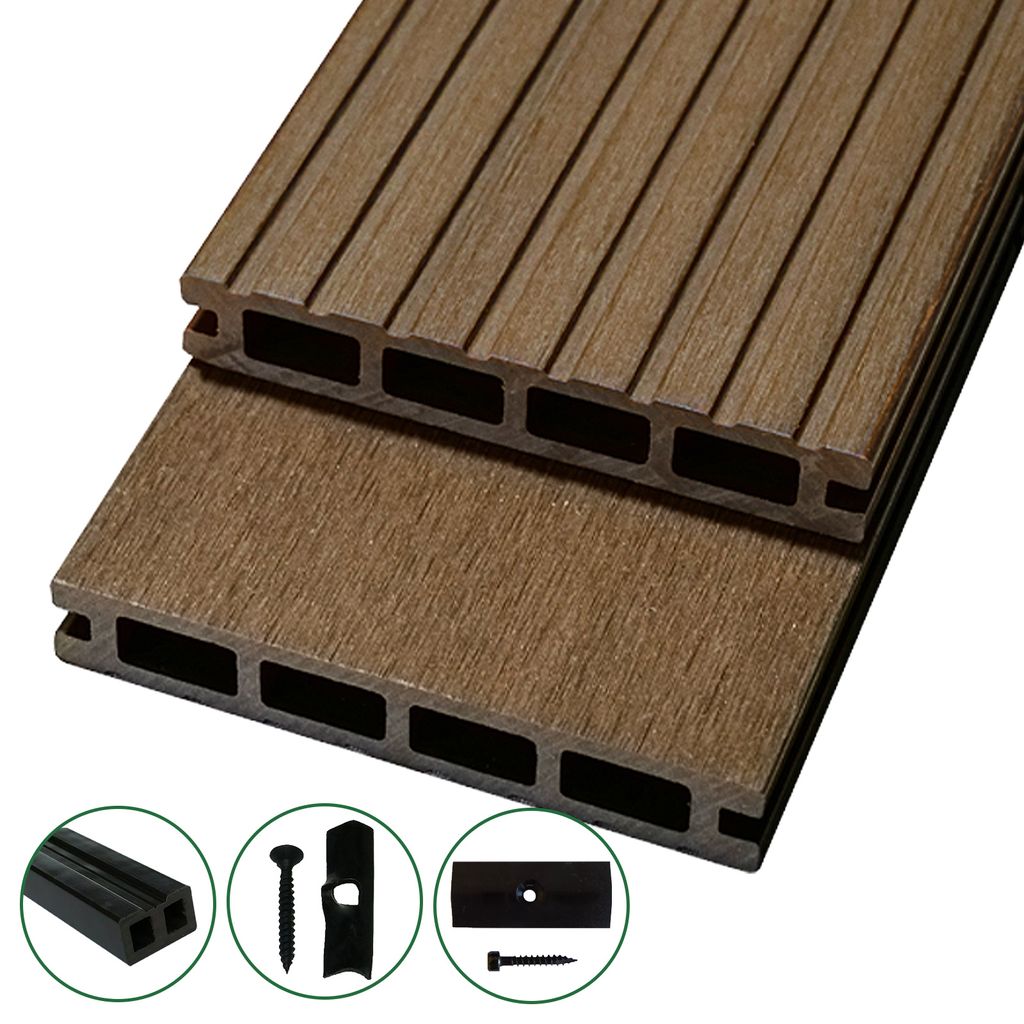 WOODSTORE24 WPC Terrassendielen Komplettset - 26 m² - mit Unterkonstruktion Rhodos Braun, geriffelt, Diele für Terrasse & Balkon, Klicksystem