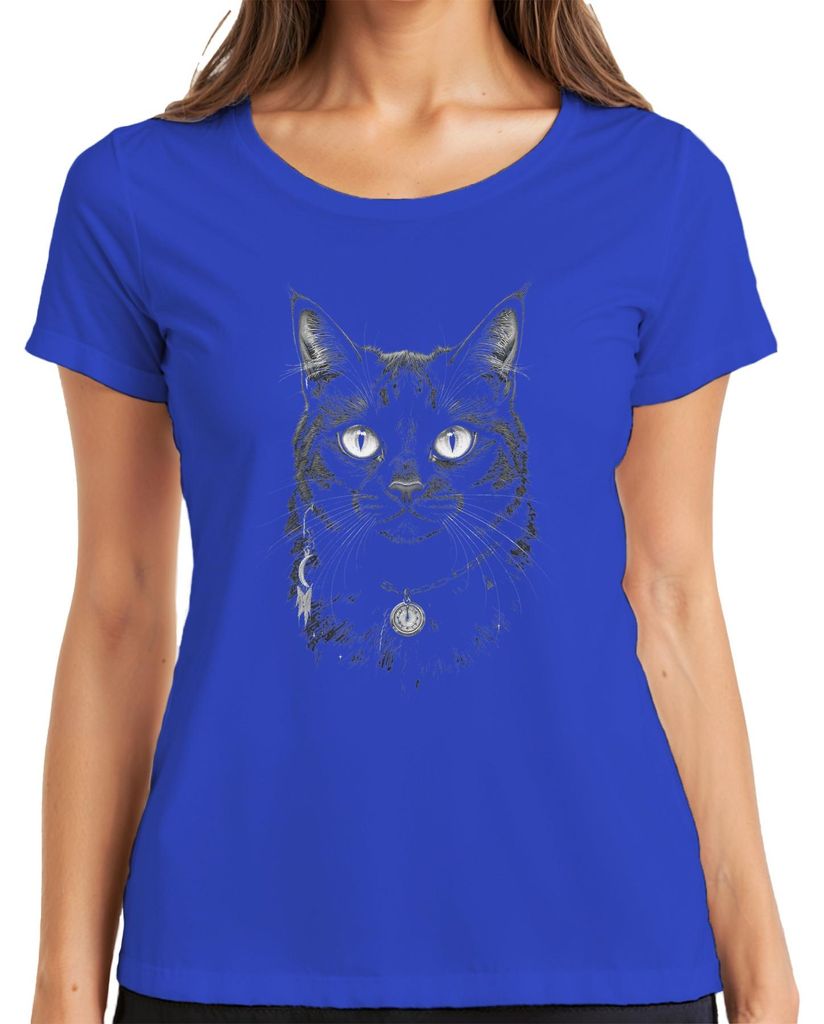 Katzenkopf Skizze Anhänger Kette Katzenliebhaber Vintage Damen T-Shirt, Blau, L