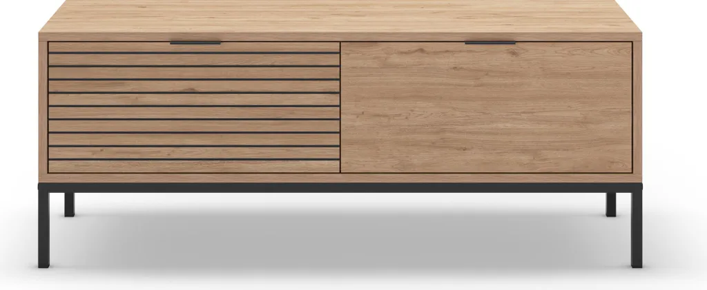 Meuble TV bois et métal Ariel 120cm, banc TV scandinave avec tiroirs