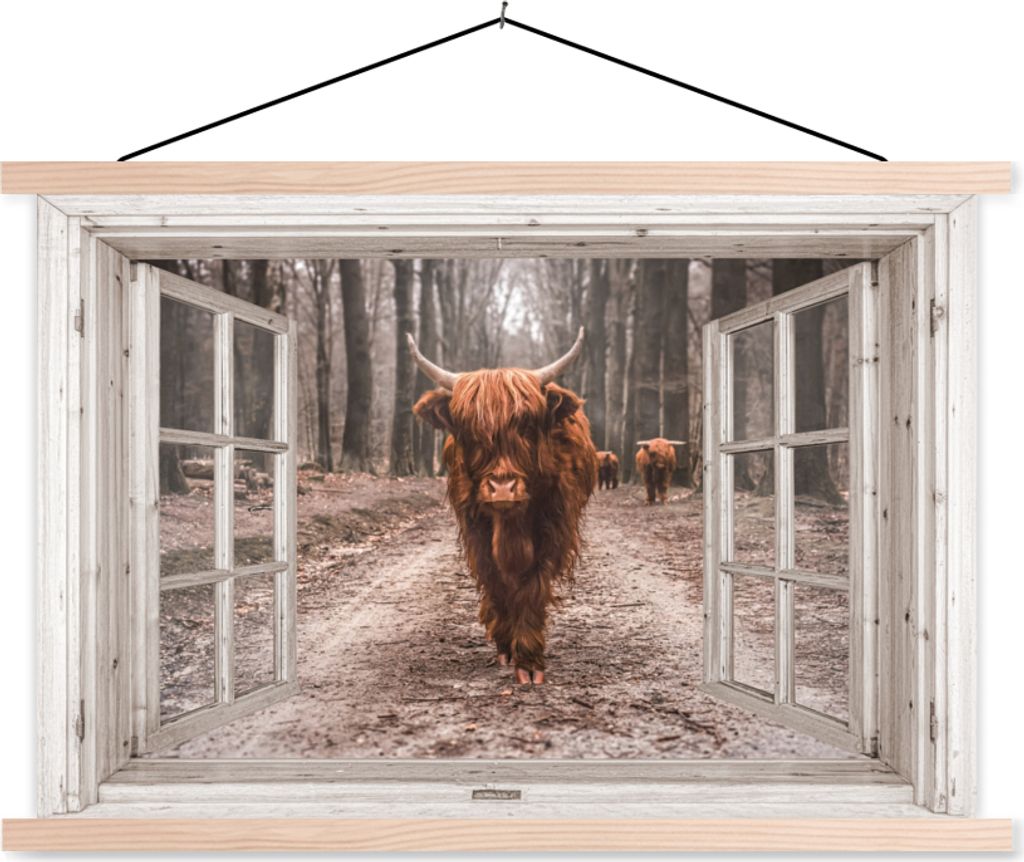 MuchoWow Textilposter Ansicht - Schottisches Hochlandrind - Fenster 120x80 cm mit holzfarbenen Rahmen - Aufhängeset