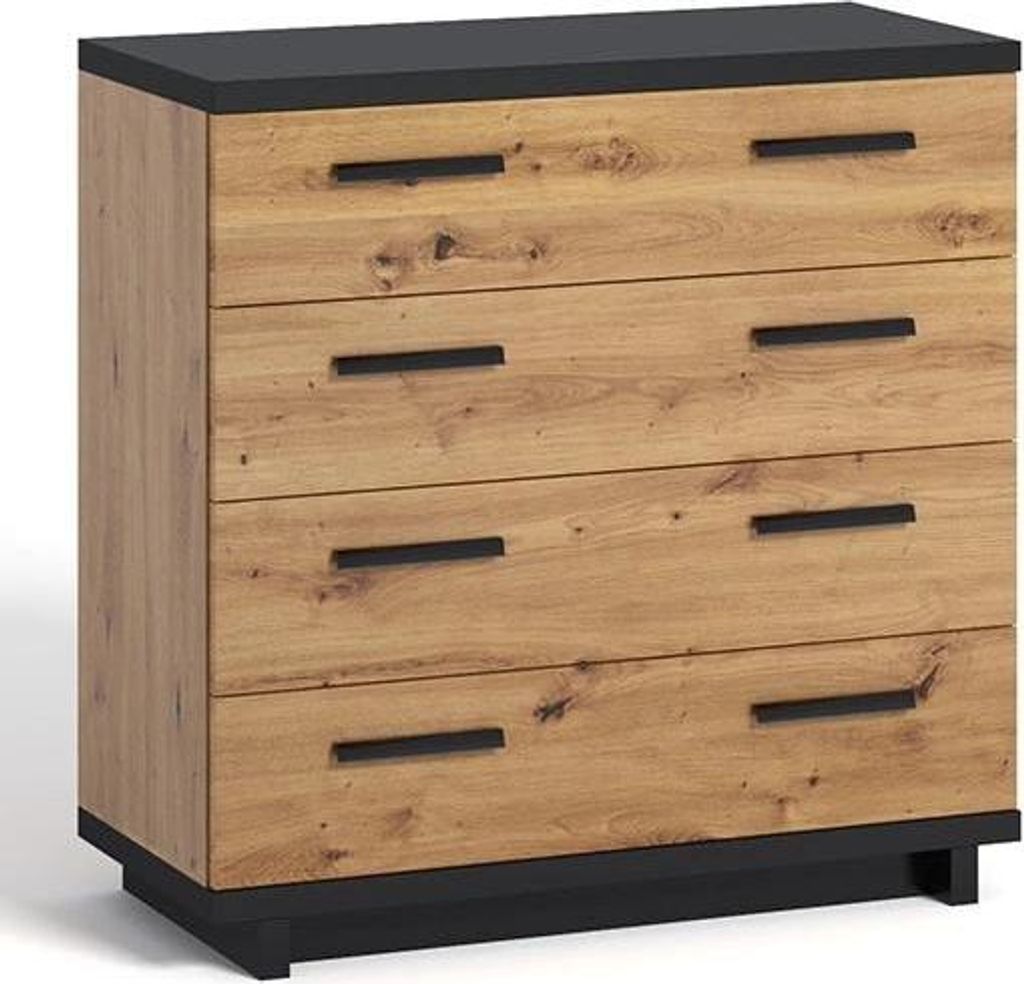 Kommode Ines 90 cm in Holzoptik & Schwarz – 4 Große Schubladen, Sideboard 32mm Stark, Schubladenkommode Modern Loft