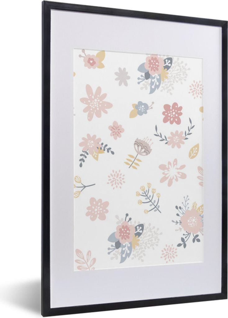 MuchoWow MuchoWow Gerahmtes Poster Blumen - Muster - Pastell - Rosa - Baby - Kind 40x60 cm - Poster mit zchwarzem Bilderrahmen - Poster in Rahmen