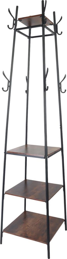 Relaxdays Garderobenständer, 8 Haken, 4 Ablagen, HBT 140 x 43 x 43 cm, Kleiderständer, Eisen & MDF, schwarz/dunkelbraun