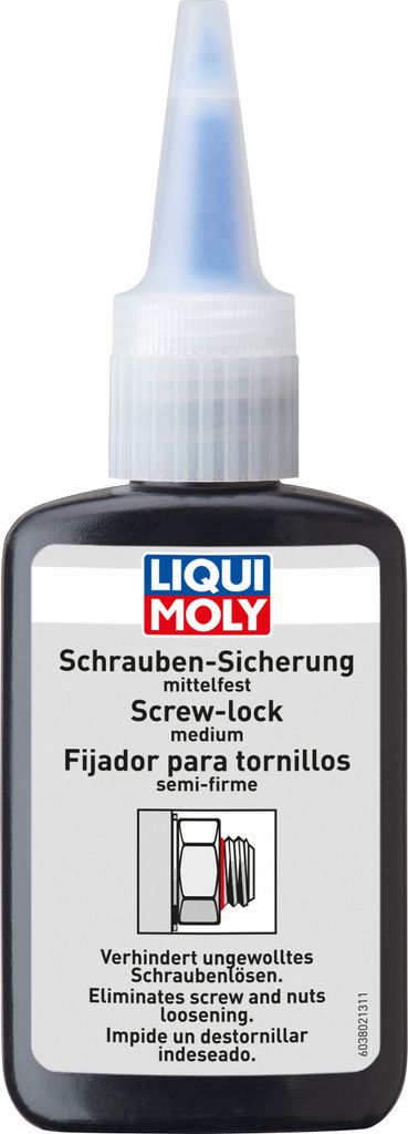 A bottle of Liqui Moly screw lock adhesive.