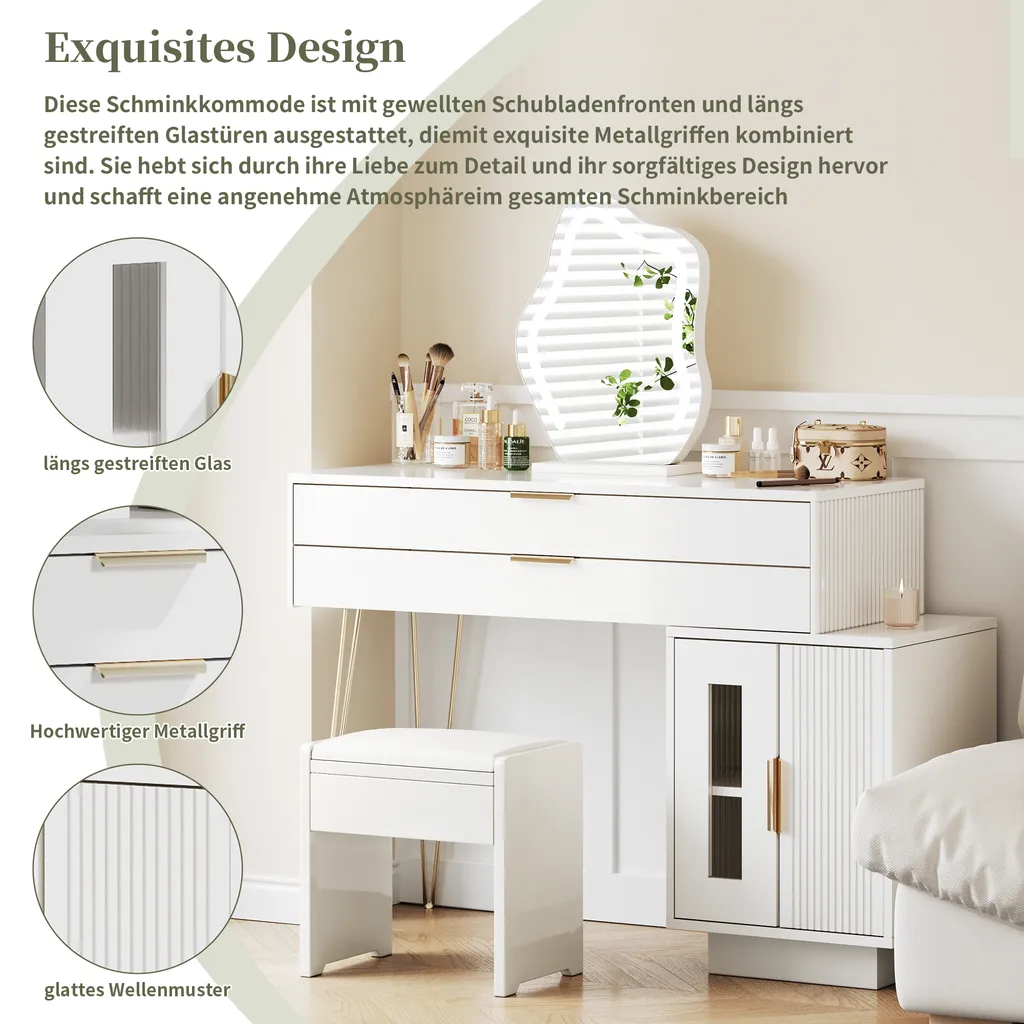 Table de maquillage extensible blanche avec miroir LED Abrihome Design