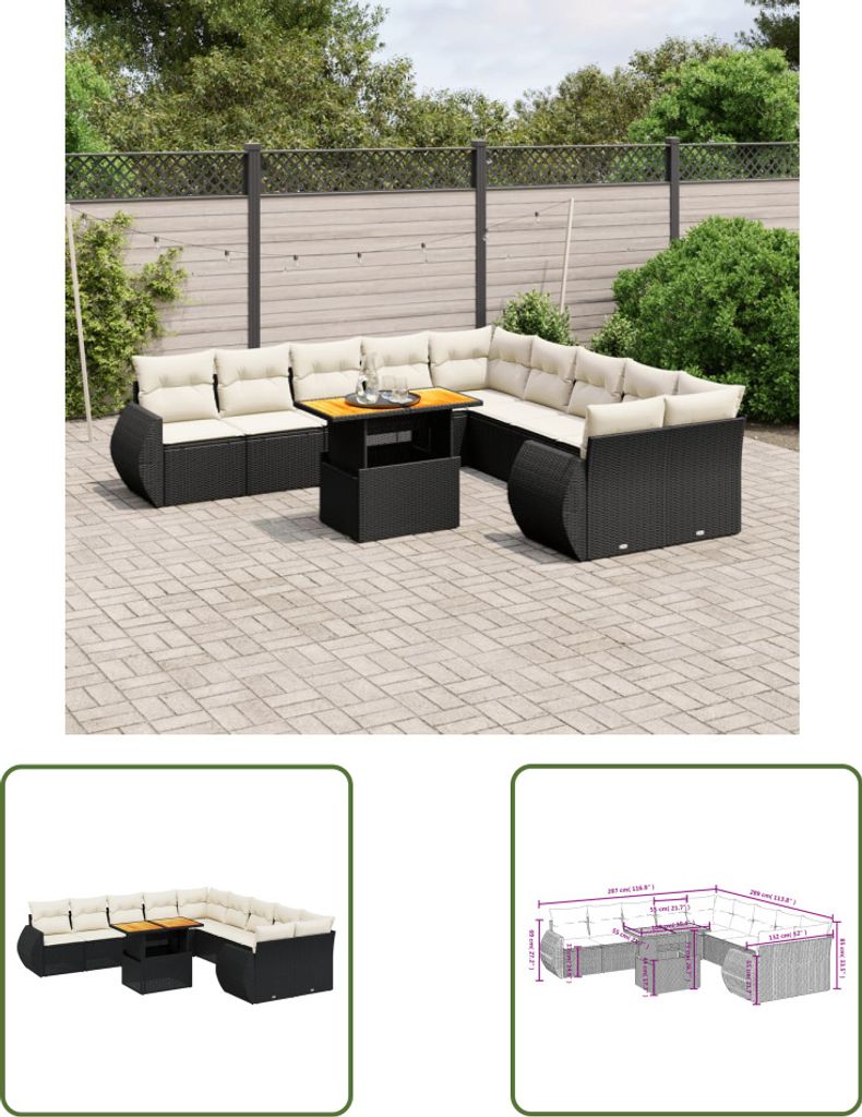 The Living Store 11-tlg. Garten-Sofagarnitur mit Kissen Schwarz Poly Rattan