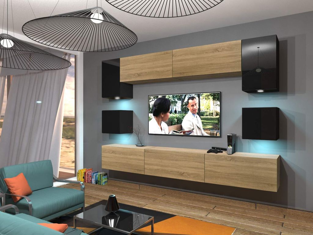 Furnitech Wohnwand Wohnzimmer - Hängend Wohnwand Modern - Wohnzimmer Schrankwand (Nowara AN1-17BS-HGM33 1B)