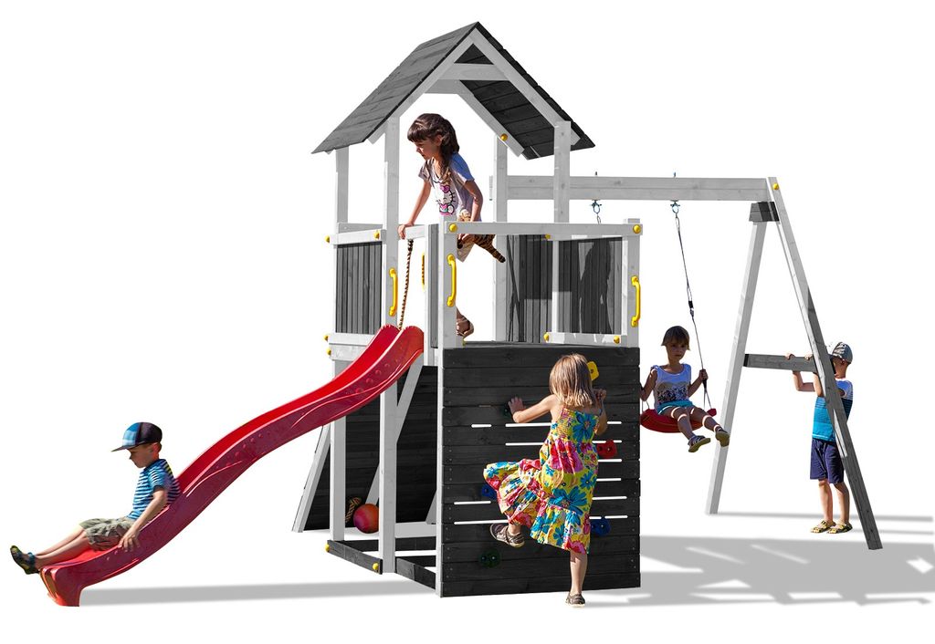 Fungoo Spielturm "Carol 3" grau/weiß mit Rutsche, Schaukel, Kletterwand, Rampe und Holzdach