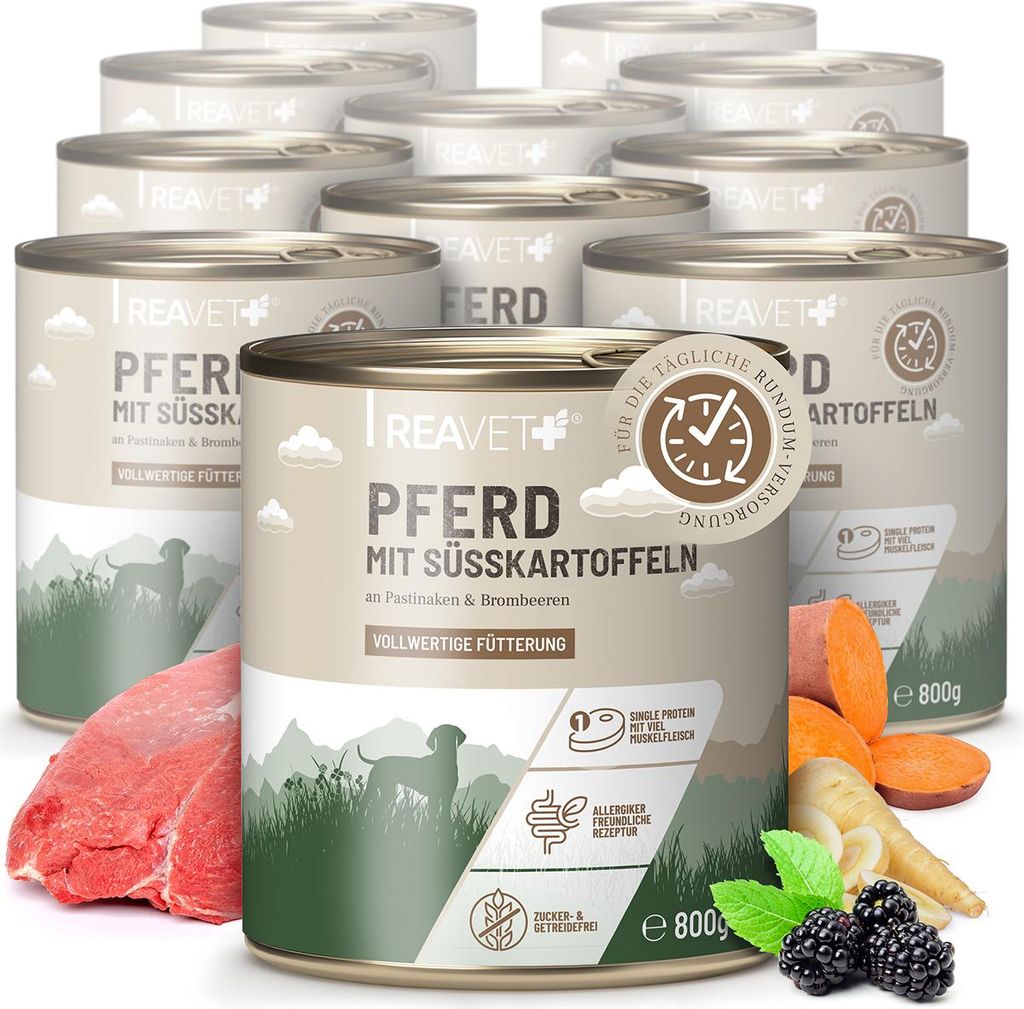 REAVET Premium Hunde Nassfutter - Pferd an Süßkartoffeln & Brombeeren 12 x 800g I mit hohem Fleischanteil & viel Muskelfleisch, Getreidefrei, Hun...