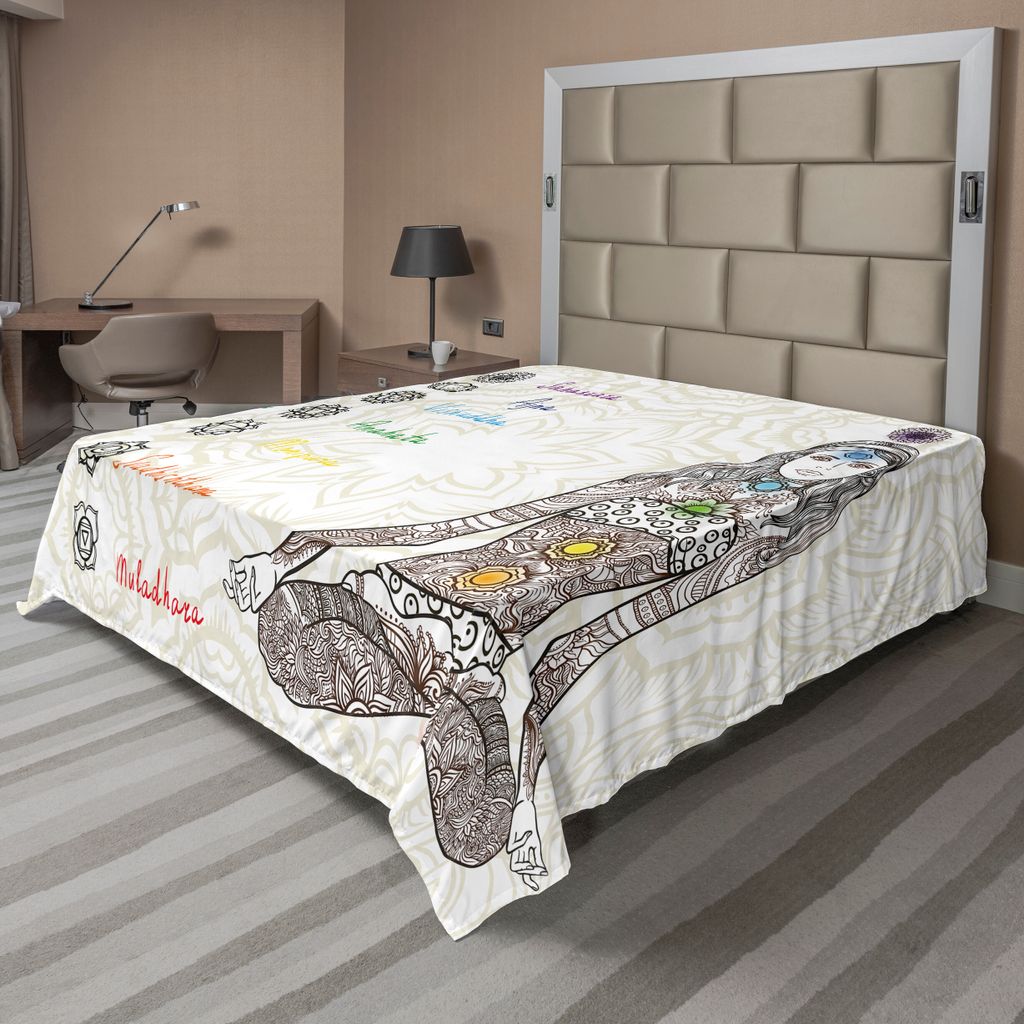 ABAKUHAUS Chakra Bettlaken, Skizzieren Sie Bild des Yoga, das Mädchen in Frieden mit altem Design-Entspannungs-Ritual der Stellen geworfen wird, w...