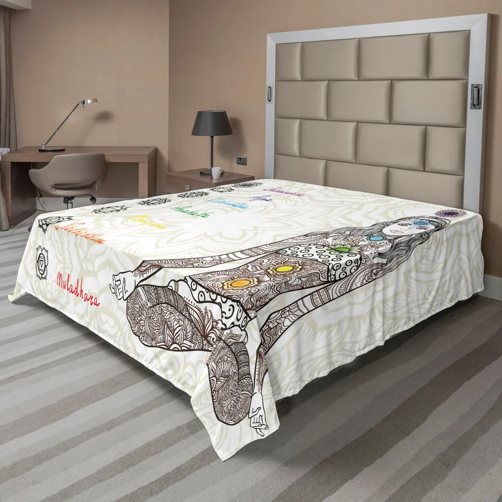 ABAKUHAUS Lenzuolo Chakra, disegno raffigurante una ragazza che pratica yoga in pace con un antico rituale di rilassamento, lenzuolo morbido e confortevole per un letto decorativo, 1 pezzo, 266 cm x 260 cm, multicolore