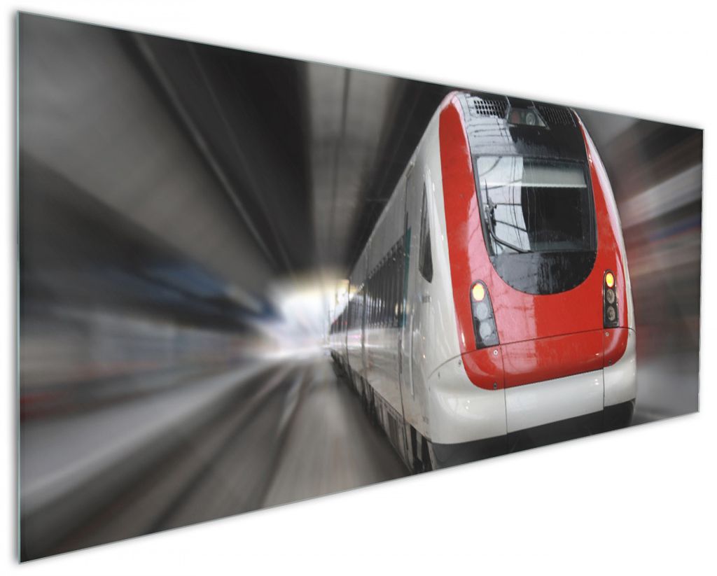 Wallario Küchenrückwand aus Glas, Größe: 125 x 50 cm, Motiv: Fahrender Zug von vorn in rot- Perspektive von vorn | Spritzschutz | abwischbar | ...