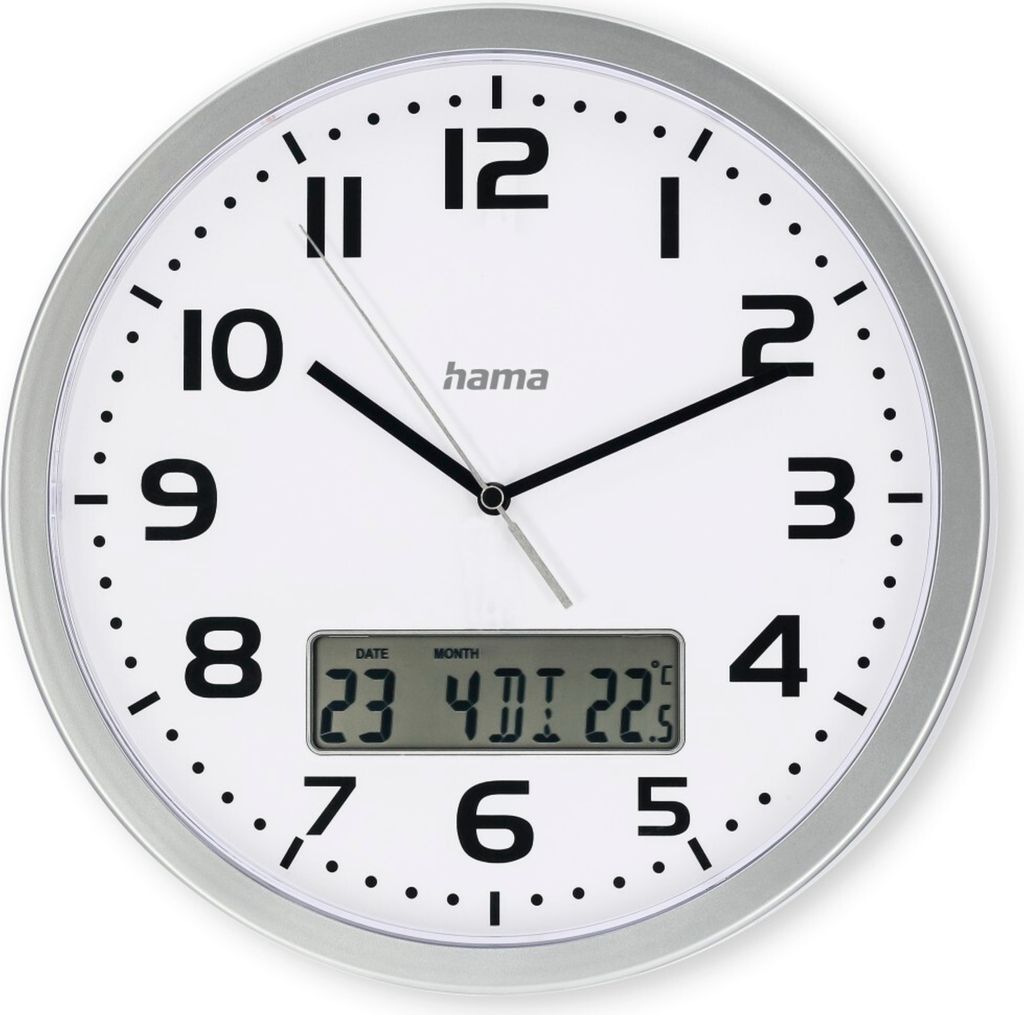 A white analog clock with a digital display showing the date and temperature, set against a white background.