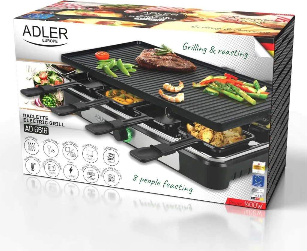 Gril Raclette Puissant 1400W Adler AD 6616 Surface Antiadhésive Inox