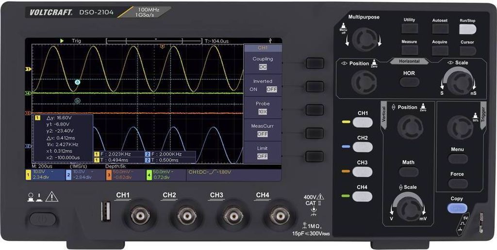 VOLTCRAFT DSO-2104 Digital-Oszilloskop 100 MHz 4-Kanal 1 GSa/s 80 kpts 8 Bit Digital-Speicher (DSO) 1 St.