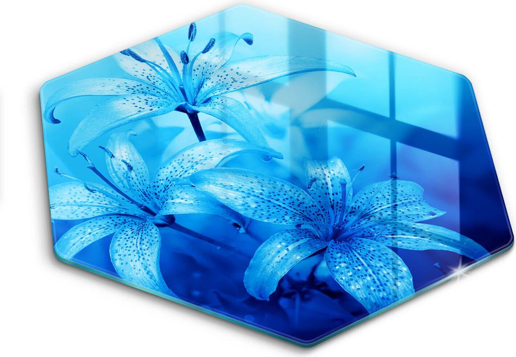 Glasschneideplatte - Herdabdeckplatte - Hexagon 40 cm -Schneidebrett - Spritzschutz - Blaue Blumen