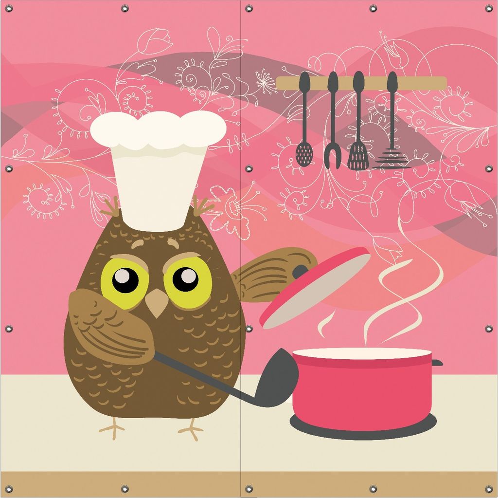 Wallario Outdoor-Poster für Garten oder Balkon, Motiv Lustige Eule beim Kochen mit Kochmütze, in ca. 180 x 180 cm