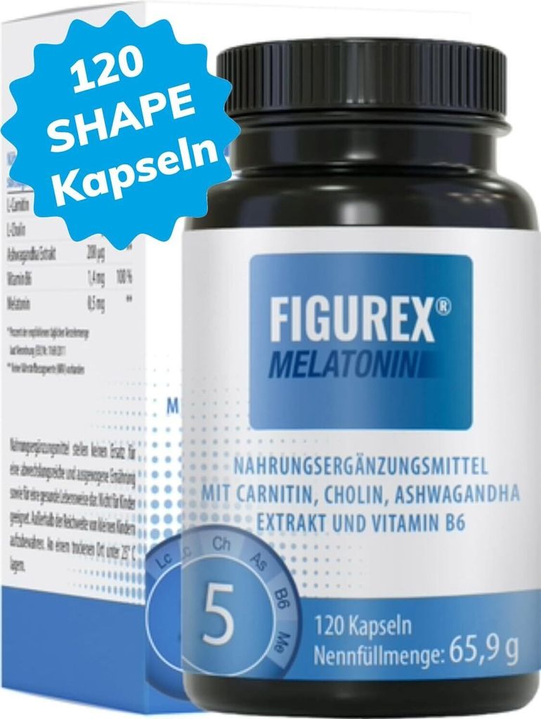 FIGUREX Melatonin Shape Kapseln, Stoffwechsel-Kur mit Vitamin B6, Melatonin hochdosiert, L-Carnitin hochdosiert und Ashwagandha Extrakt, 120 Kapseln
