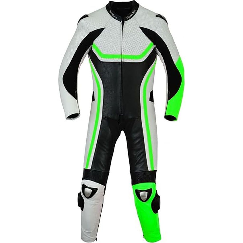 Fluoreszierender Einteiler Motorradkombi Motorrad Lederkombi aus Rindsleder echtleder Kombi, Größe:54/XL, Farbe:Grün