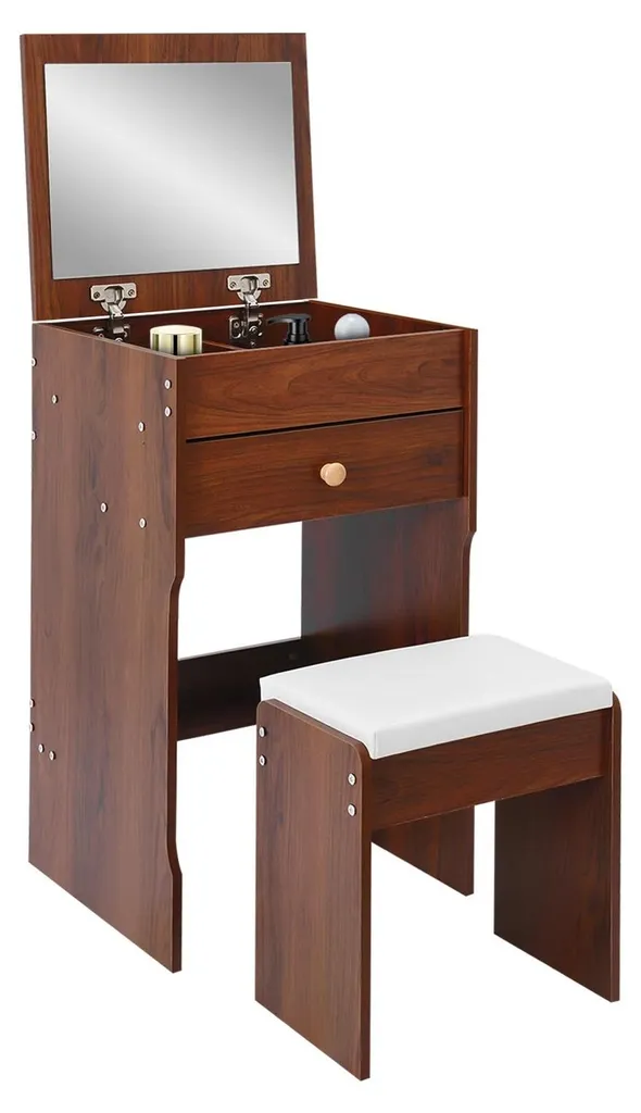 Coiffeuse avec miroir compacte en bois de noyer pour chambre adulte