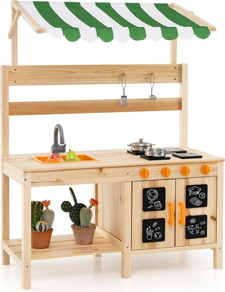 COSTWAY Matschküche Kinder Outdoor, Kinderküche Tannenholz mit Überdachung, Abnehmbarer Spüle, 4 Kochherden & Tafeln, Spielküche für Kinder 3+