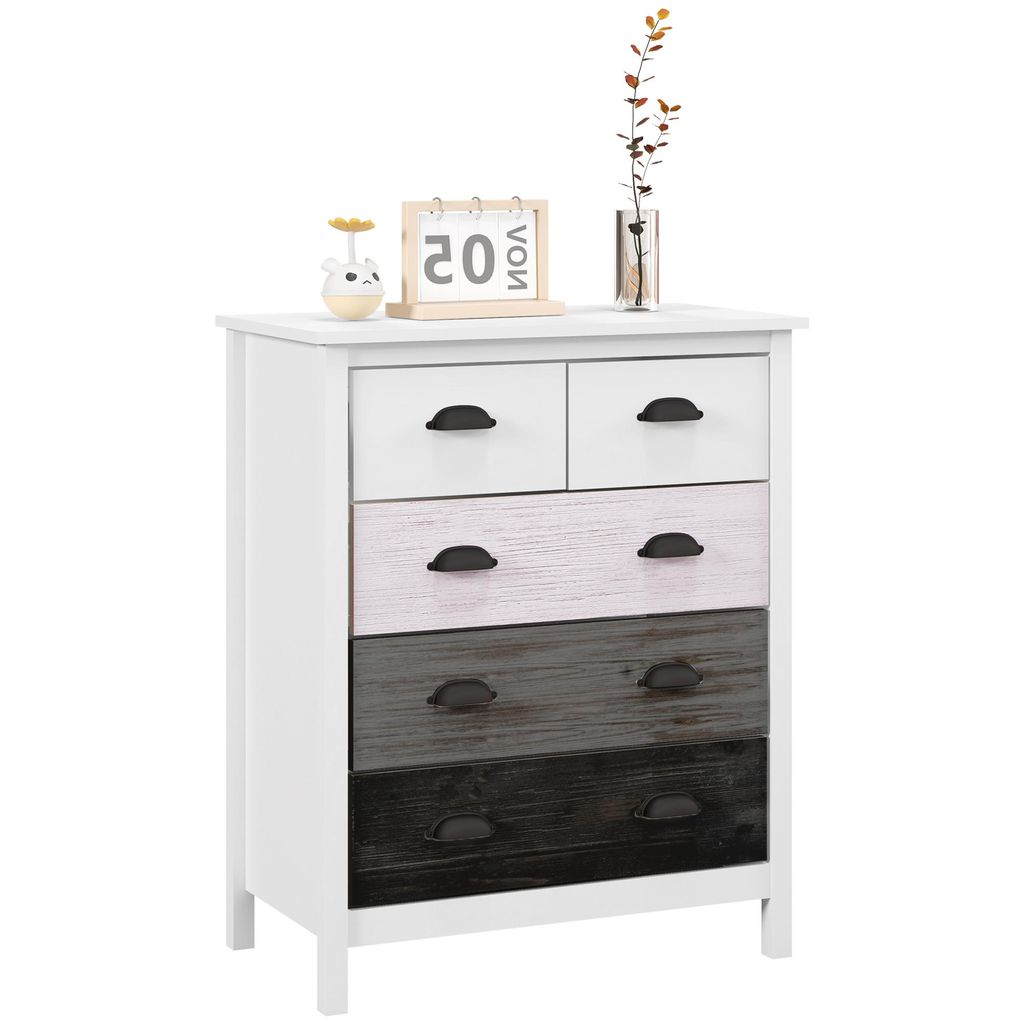 A white dresser with five drawers of varying colors and black handles, placed on a white background. Decorative items, including a small figurine and a vase with branches, sit on top of the dresser.