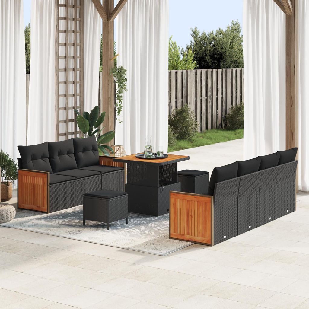 Möbel 10-teiliges Garten-Sofaset mit Kissen Schwarz Poly Rattan Akazie - Gartensofas 3363264