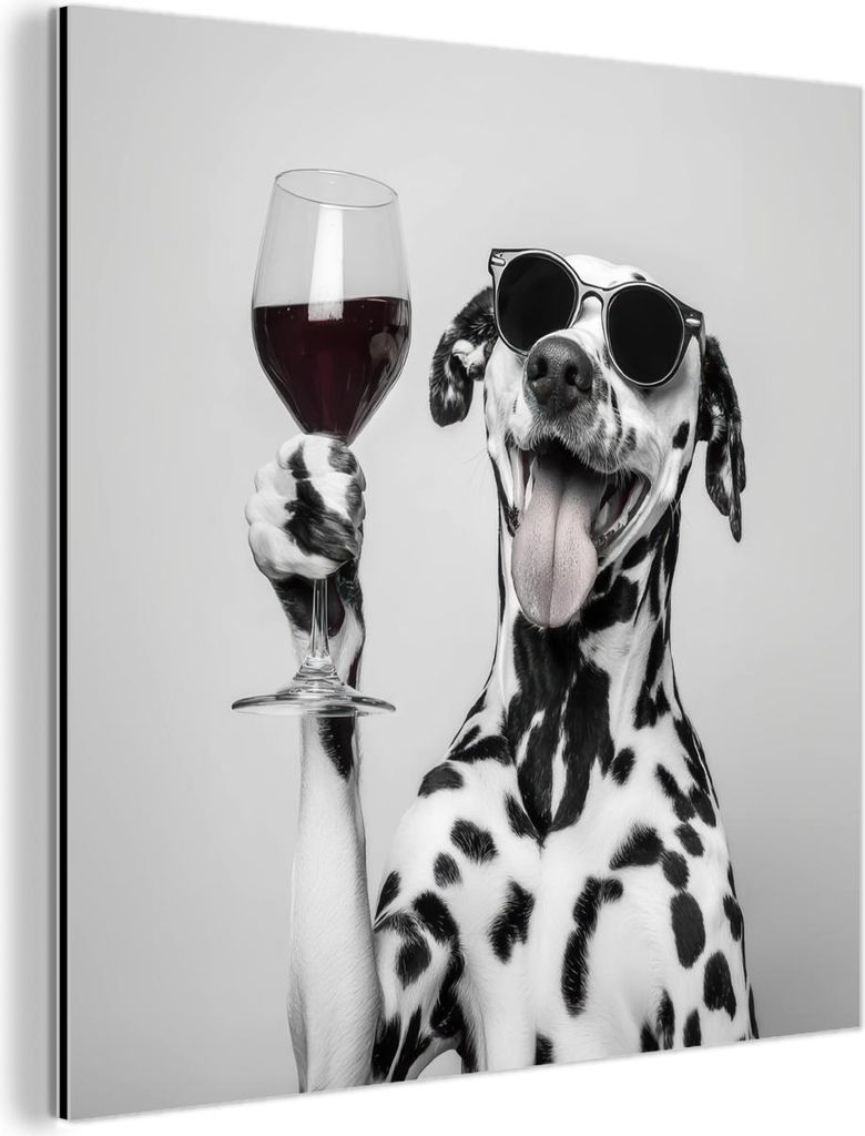 MuchoWow Wanddekoration Metall Metallbild Wandkunst 20x20 cm Sonnenbrille - Dalmatiner - Weinglas - Zunge MuchoWow Aluminium Gemälde - Alu Dibond ...