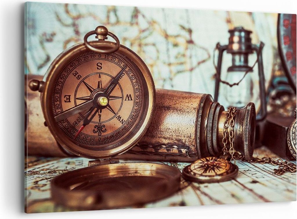 Bild auf Leinwand - Leinwandbild - Kompass Teleskop Abenteuer antik - 120x80cm - Wand Bild - Wanddeko - Leinwanddruck - Bilder - Kunstdruck - Leinw...
