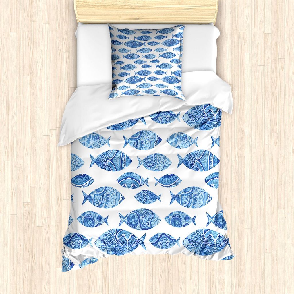 ABAKUHAUS Blau Bettbezug Set, Fisch-Seetierfiguren mit alter Osmane-verzierter Mosaik-Hand gezeichneten Art Marine Artwork, 135 x 200 cm + 80 x 80 ...