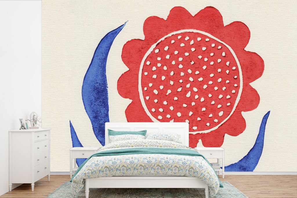 MuchoWow Fototapete für Wohnzimmer oder Schlafzimmer Wandtapete Vinyl Motivtapete Blume - Pflanze - Rot - Blau - 390x260 cm - Papiertapete