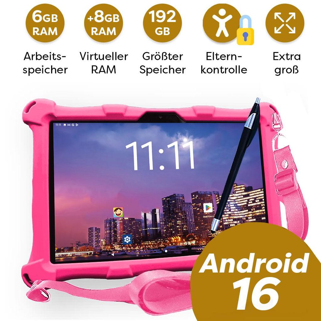 AngelTech Kindertablet XL PRO II - Android 16 - 6+8 GB RAM - 128+64 GB - Octa-Core-Prozessor - Schnelles 10" Kindertablet -Elterliche Kontrolle - Rosa