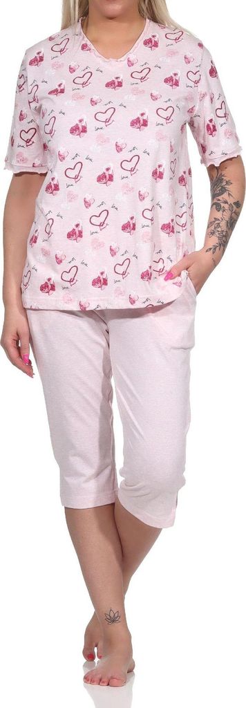 Damen kurzarm Capri Schlafanzug in Herz Motiv Optik - auch in Übergrössen - 122 204 815 ; rosa , 40