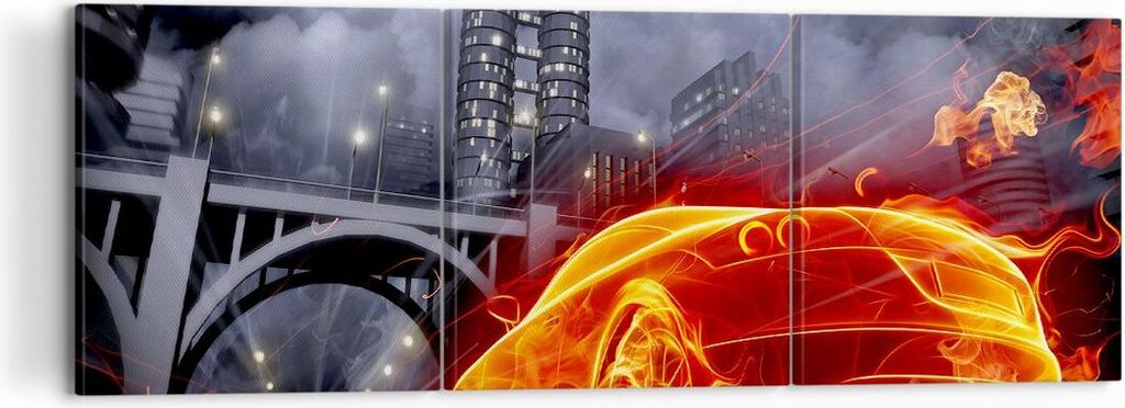 Bild auf Leinwand - Leinwandbild - Auto Flammen Räder - 120x40cm - Wand Bild - Wanddeko - Leinwanddruck - Bilder - Kunstdruck - Wanddekoration - L...