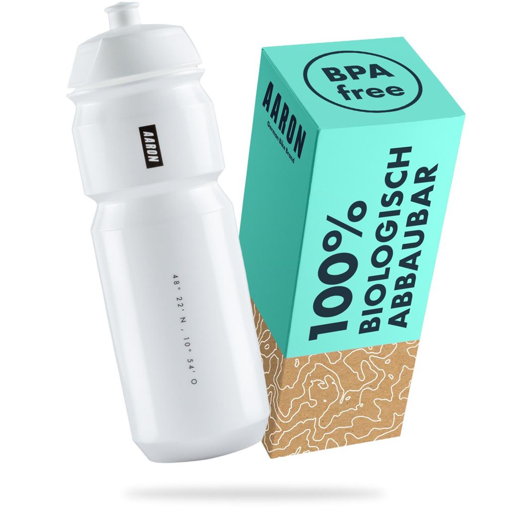 AARON ECO Fahrrad Trinkflasche - 100% Biologisch Abbaubar, BPA-frei - Weiß - 750 ml