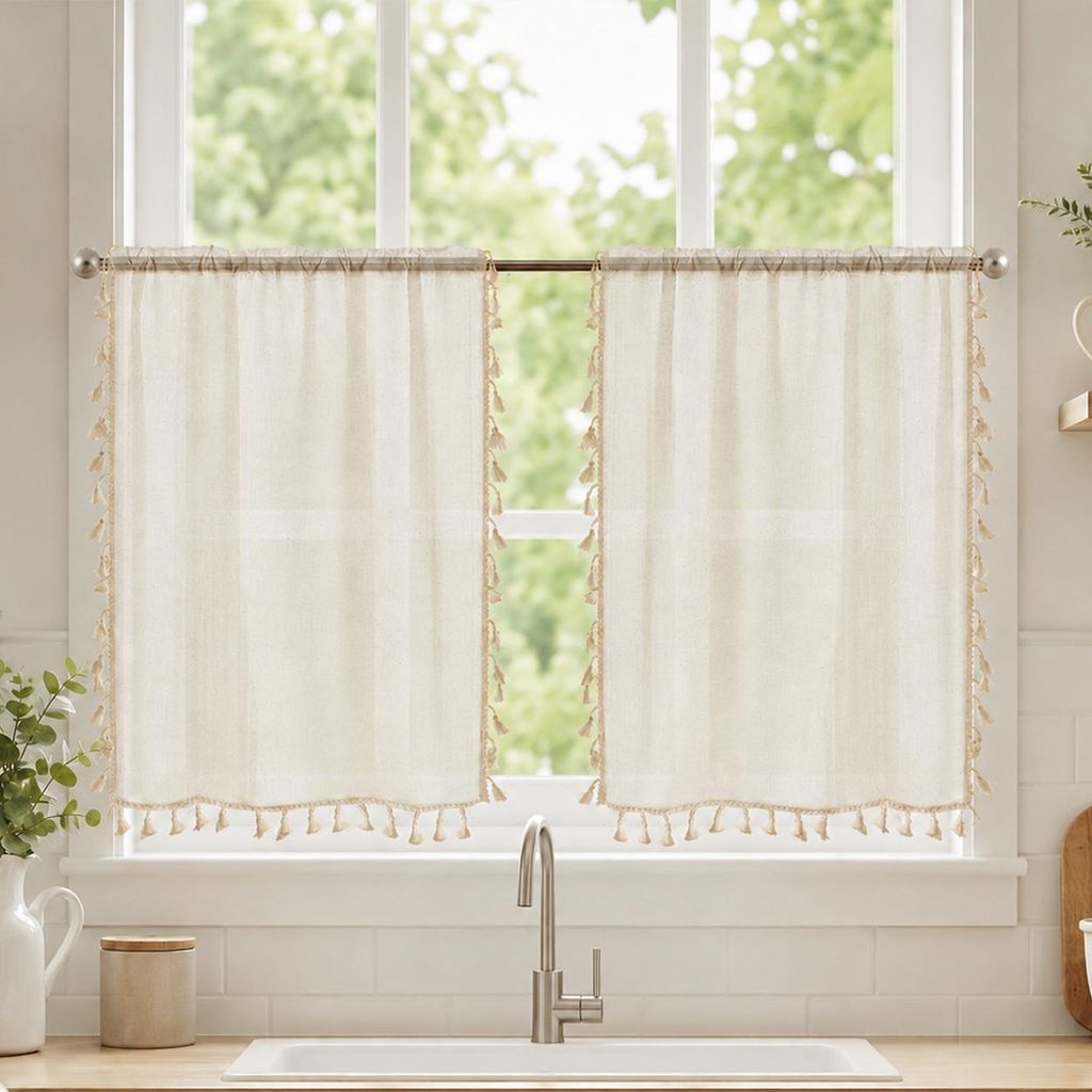 2 Stück Boho Scheibengardine mit Quasten Halbtransparent Produktbild 